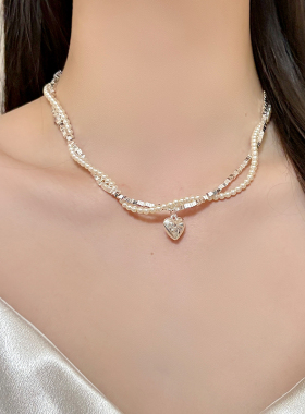 轻奢小众珍珠碎银爱心锁骨链