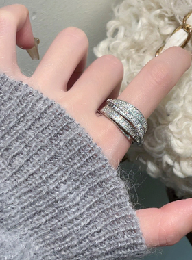 银色锆石戒指女百搭多层线条冷淡风个性食指开口可调节高级感指环