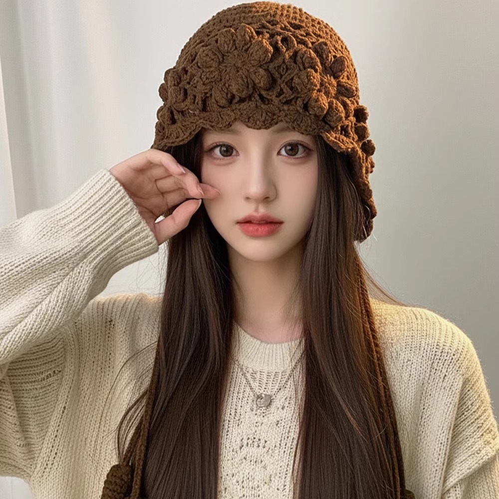 加厚双层手工钩织花朵流苏毛线帽女秋冬百搭时尚显脸小针织包头帽