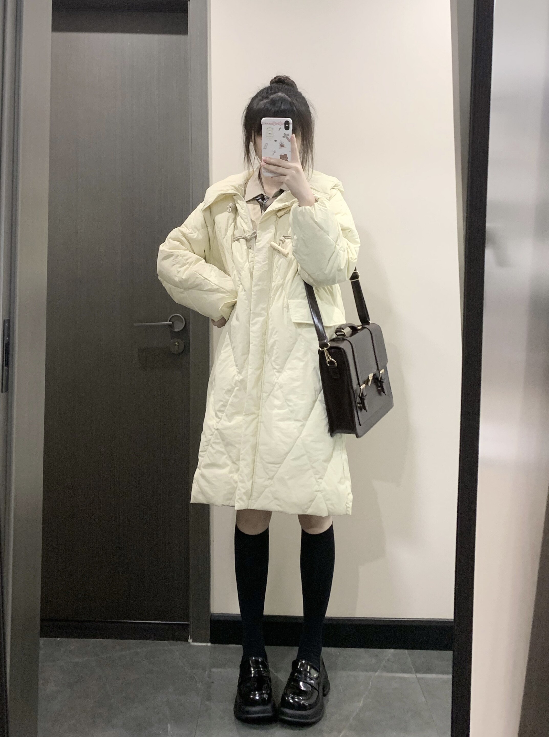 自制原创韩系jk外套学院风牛角扣菱形格小个子过膝长款连帽羽绒服