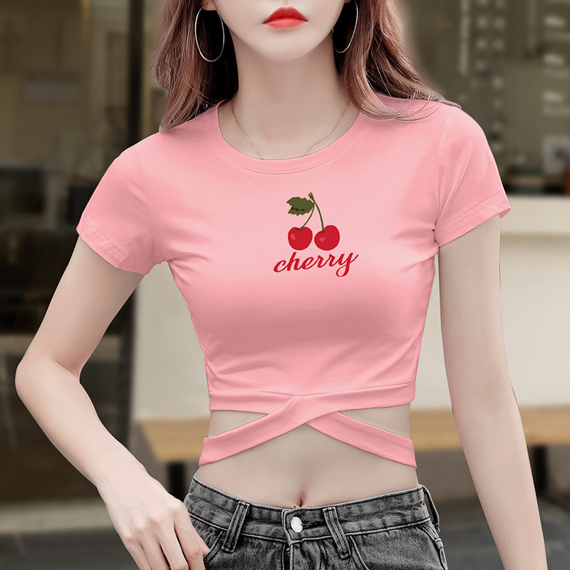 网红个性绑带露脐装樱桃印花女t恤 正丫T恤