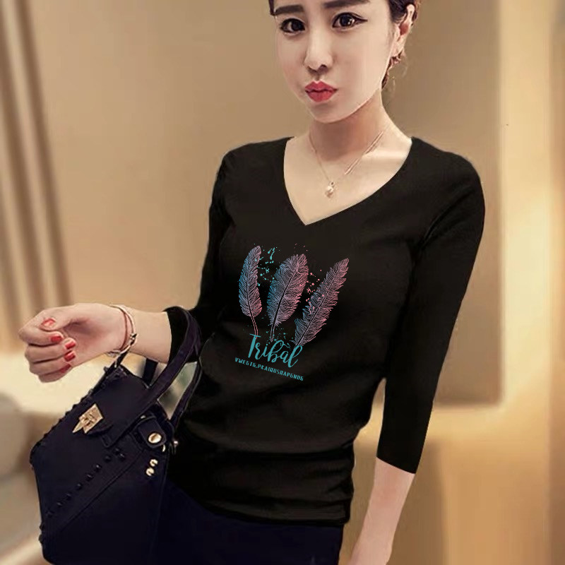 白色羽毛印花七分袖韩版修身打底衫 正丫T恤