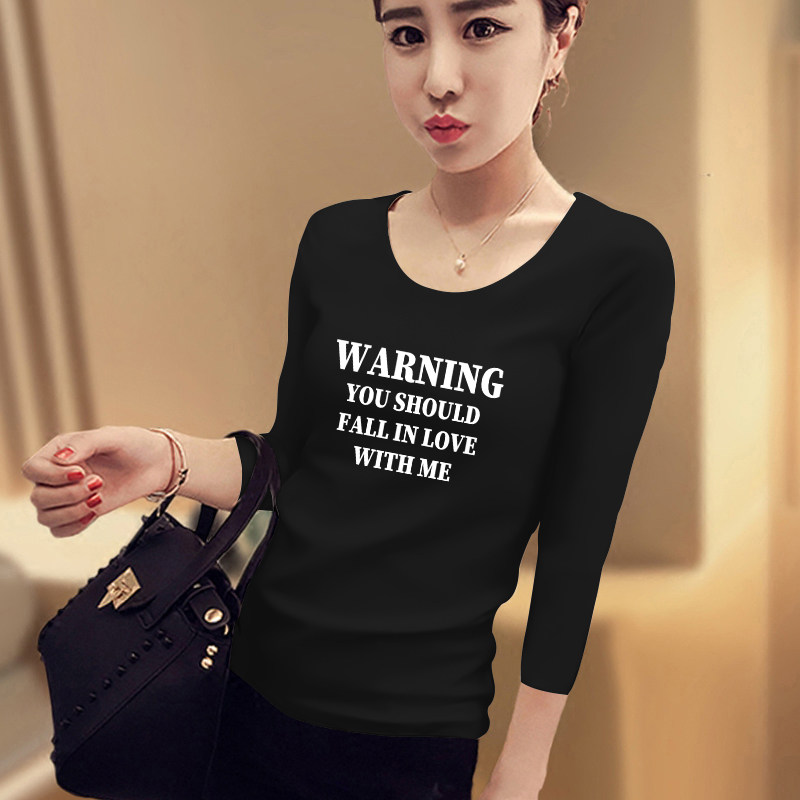 字母印花粉色七分袖t恤v领打底衫 正丫T恤