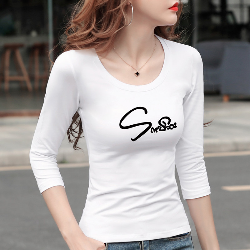 秋季牛油果绿印花七分袖t恤打底衫 正丫T恤