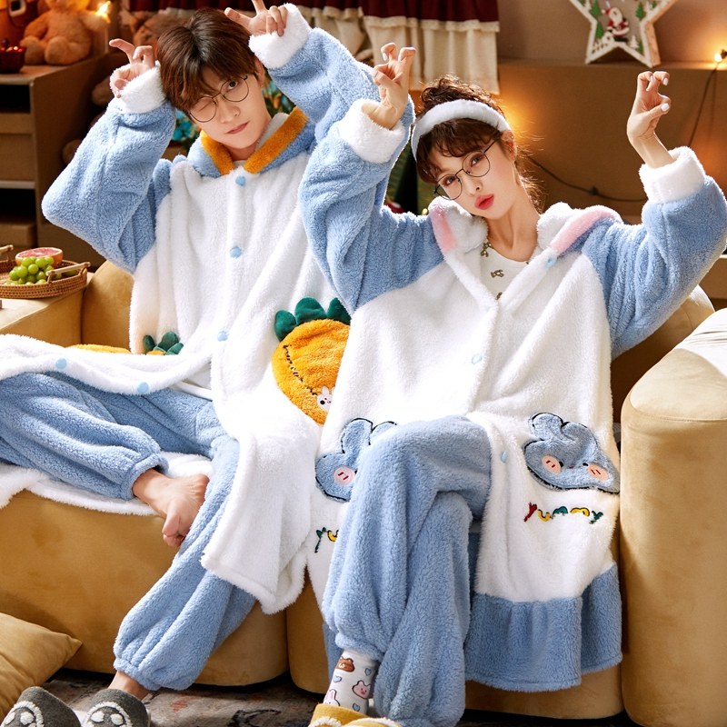 珊瑚绒情侣冬男女秋冬长袖加绒睡袍 qusmiyan秋水名媛睡衣/家居服套装