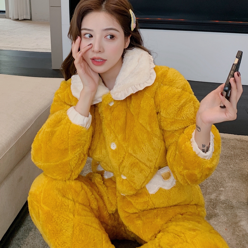 三层珊瑚绒秋冬加绒超厚夹棉睡衣 qusmiyan秋水名媛睡衣/家居服套装