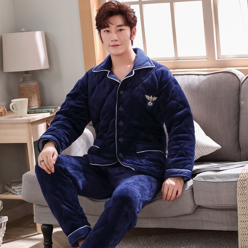 珊瑚绒男冬三层加厚加绒夹棉睡衣 qusmiyan秋水名媛睡衣/家居服套装