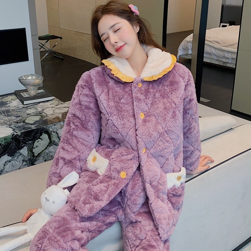 冬加厚三层夹棉超厚加绒珊瑚绒睡衣 qusmiyan秋水名媛睡衣/家居服套装