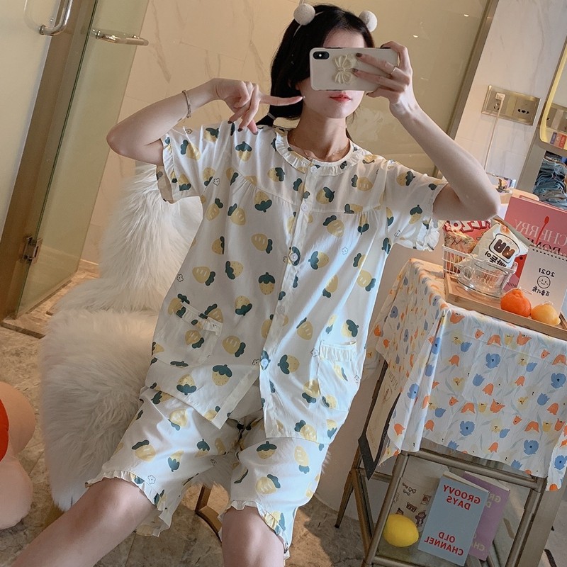 夏季短袖短裤开衫全棉梭织纯棉睡衣 qusmiyan秋水名媛睡衣/家居服套装