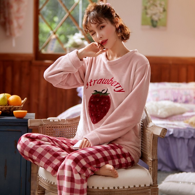 秋冬长袖加绒法兰绒毛绒珊瑚绒睡衣 qusmiyan秋水名媛睡衣/家居服套装