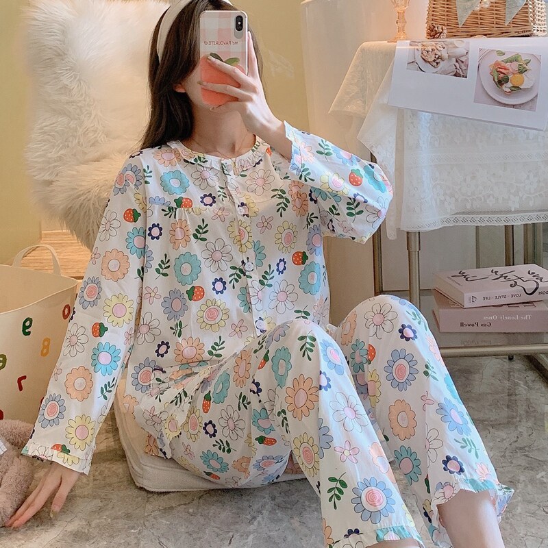 妈妈纯棉春秋长袖梭织棉布夏睡衣 qusmiyan秋水名媛睡衣/家居服套装