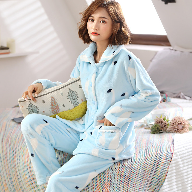 秋冬加绒卡通长袖学生珊瑚绒睡衣 qusmiyan秋水名媛睡衣/家居服套装