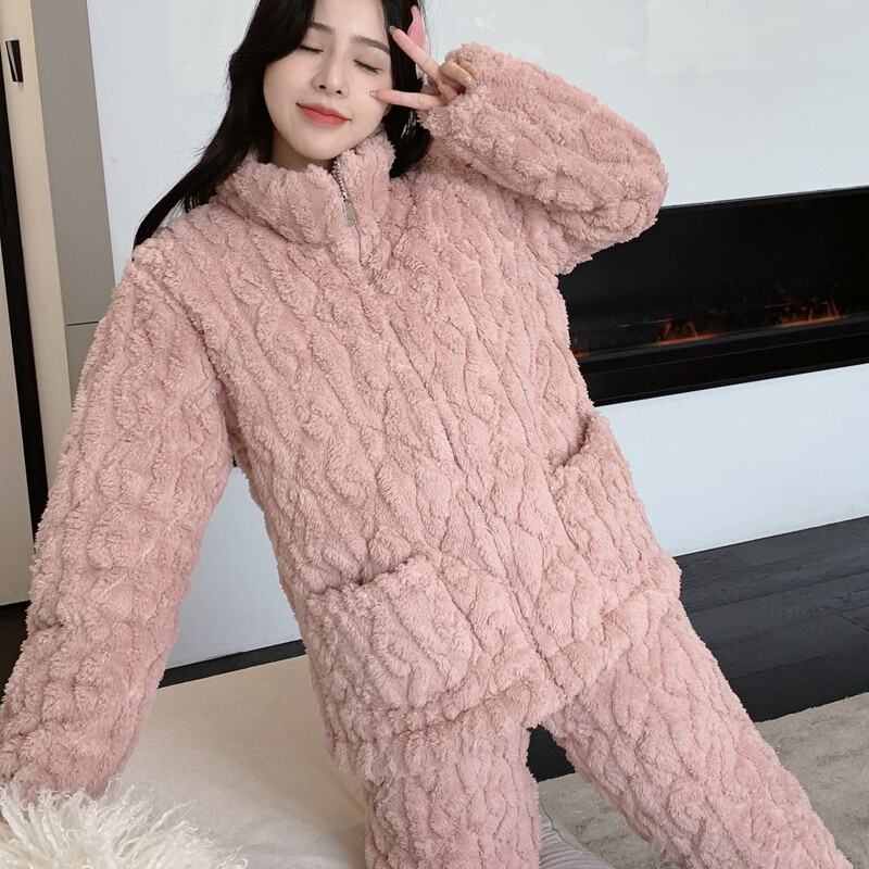 珊瑚绒秋冬三层加绒长袖夹棉睡衣 qusmiyan秋水名媛睡衣/家居服套装