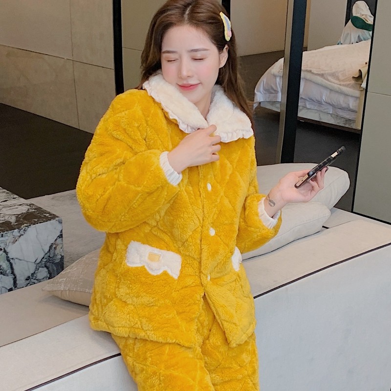 三层珊瑚绒秋冬加绒超厚夹棉睡衣 qusmiyan秋水名媛睡衣/家居服套装