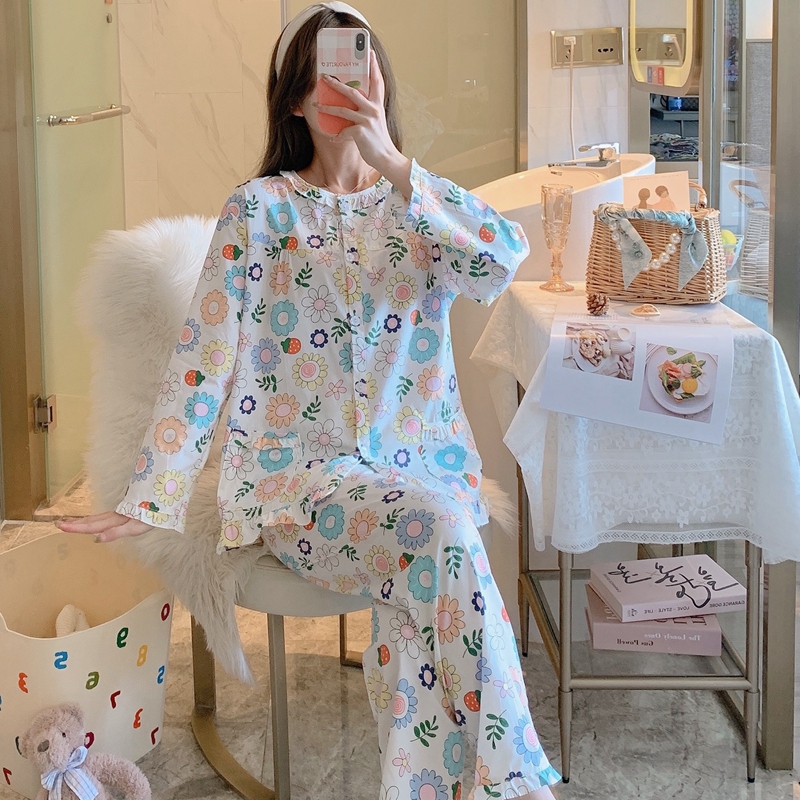 妈妈纯棉春秋长袖梭织棉布夏睡衣 qusmiyan秋水名媛睡衣/家居服套装