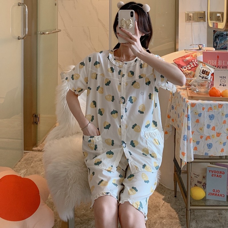 夏季短袖短裤开衫全棉梭织纯棉睡衣 qusmiyan秋水名媛睡衣/家居服套装