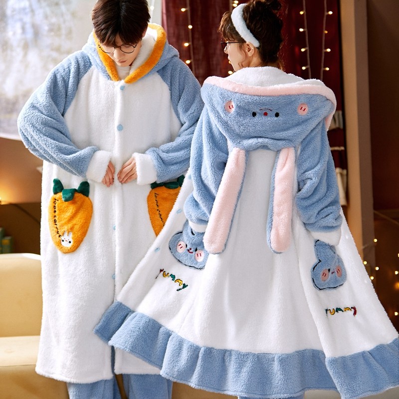 珊瑚绒情侣冬男女秋冬长袖加绒睡袍 qusmiyan秋水名媛睡衣/家居服套装