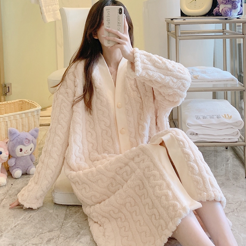 珊瑚绒女春秋冬加绒晨袍长款睡袍 qusmiyan秋水名媛睡袍/浴袍
