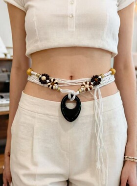 AC 白色绳多元素编织项链配饰女腰链木质花朵串珠度假叠戴锁骨链