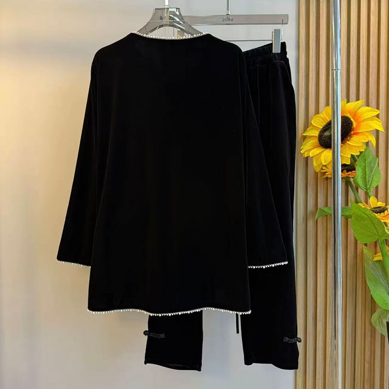 新中式大码女装2025秋季款国潮风钉珠丝绒长袖衬衫显瘦裤子两件套,淘宝优惠券,粉丝福利购,淘宝优惠卷