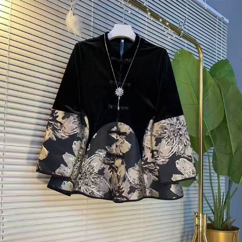 大码女装2023秋季新款胖mm显瘦中国风盘扣丝绒拼接上衣裤子两件套,淘宝优惠券,粉丝福利购,淘宝优惠卷