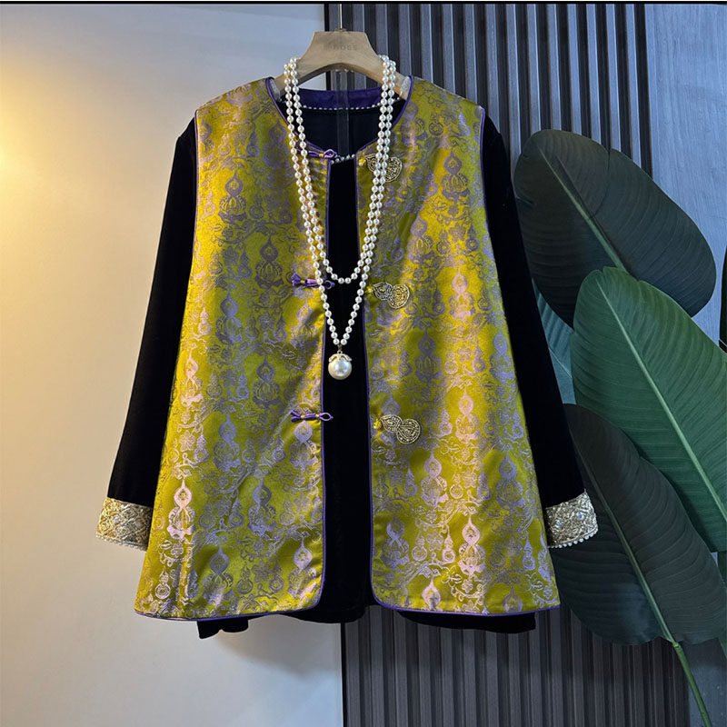 新中式大码女装2026新款轻奢国风锦缎提花盘扣马甲小衫显瘦两件套,淘宝优惠券,粉丝福利购,淘宝优惠卷