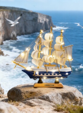 地中海木质帆船可发光桌面摆件