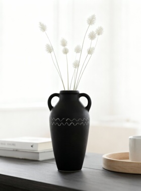 侘寂风手工陶瓷双耳花瓶摆件