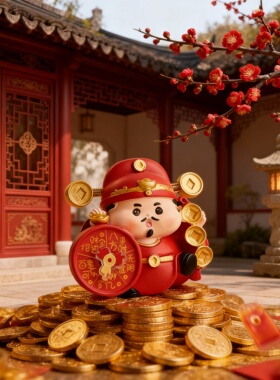 新年国潮手绘可旋转财神树脂摆件