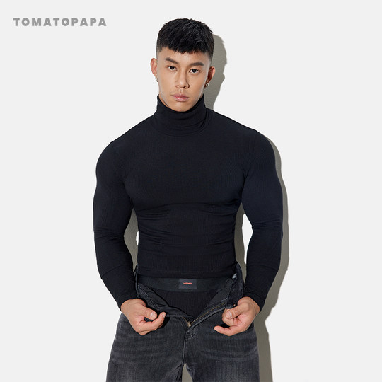 TOMATOPAPA秋冬新品长袖T恤高领修身高弹运动健身体恤青年潮上衣