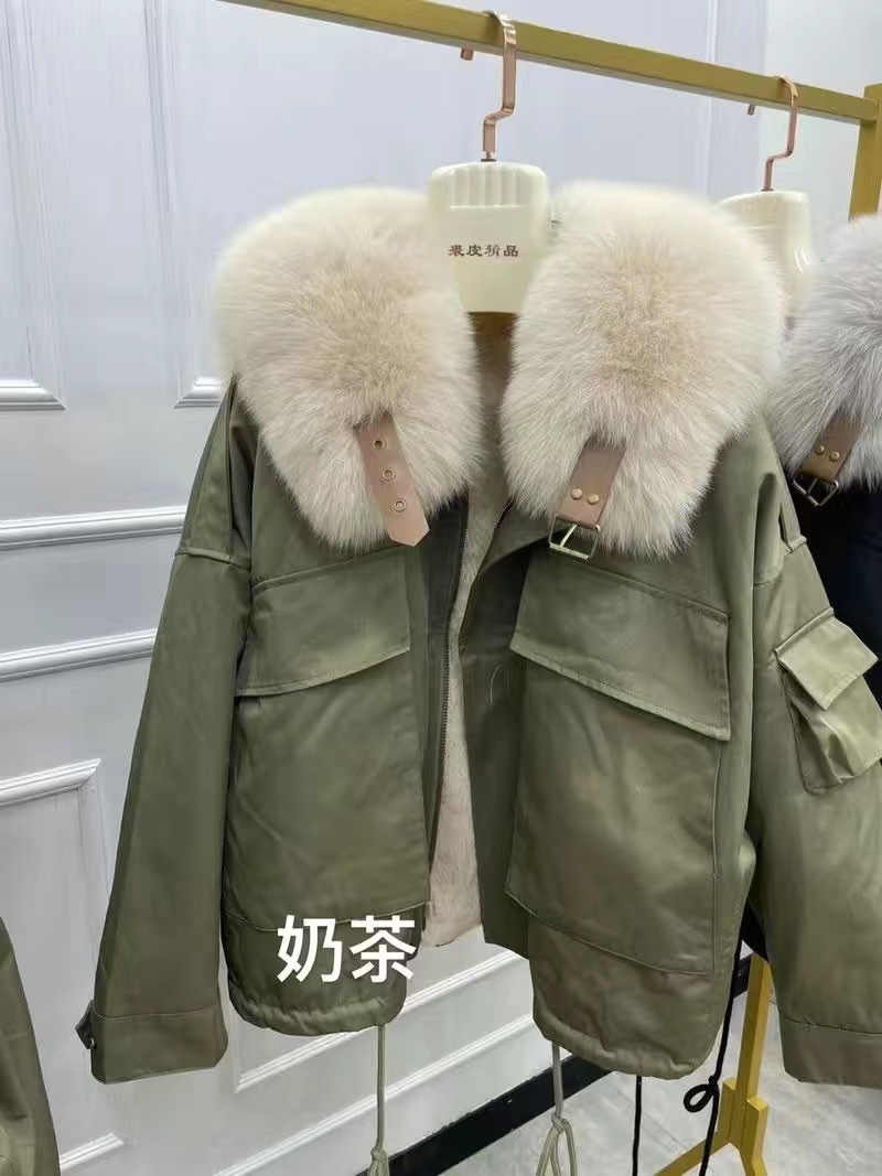 派克服2023可拆卸内胆仿兔毛短款冬季工装棉服女气质保暖口袋棉衣