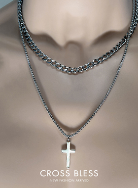 男生嘻哈双层叠戴项链十字架