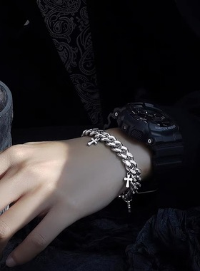 男士钛钢嘻哈十字架流苏手链