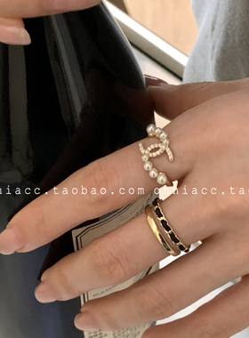 珍珠水钻双c戒指女小香风