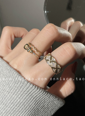 韩国水钻格菱纹钥匙扣马蹄戒指