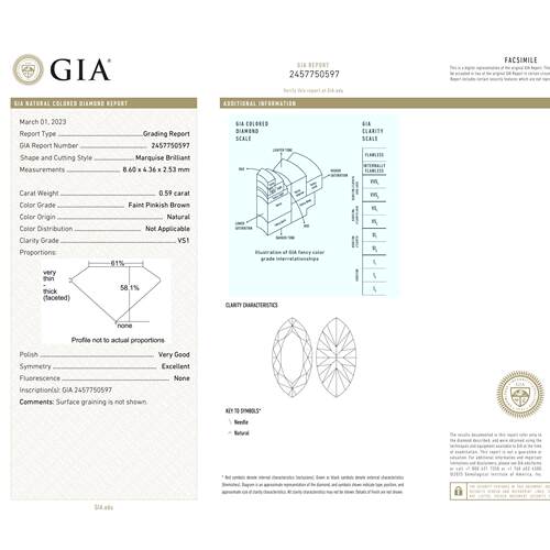 GIA证书0.59克拉天然大戒面橄榄型FPB微粉棕裸钻镶18K双色金戒指 - 图1