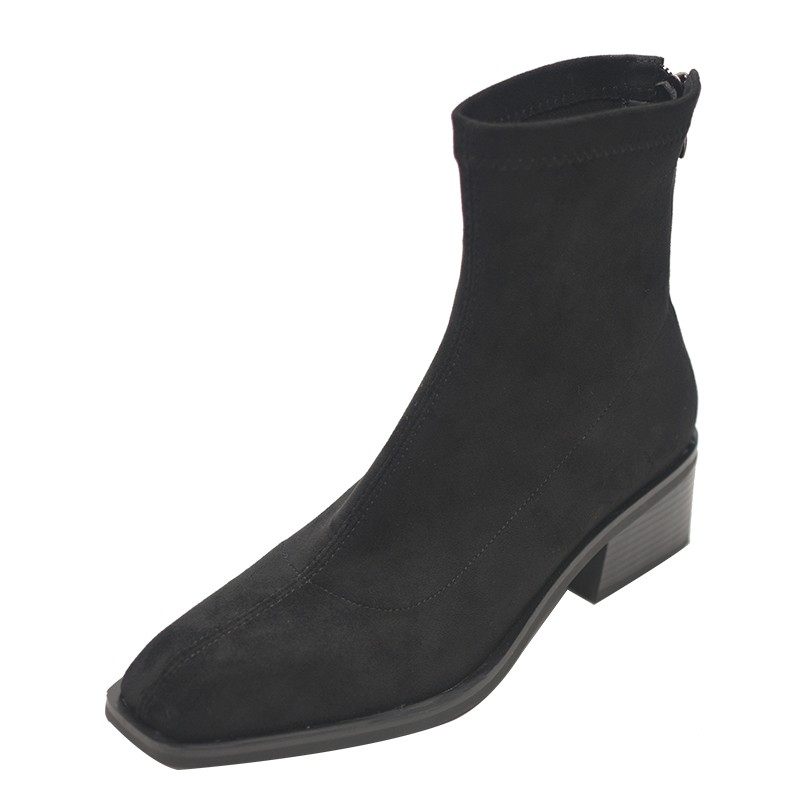 步享~ 方头绒面短靴子女2025春秋新款弹力瘦瘦靴粗跟单靴中跟袜靴,淘宝优惠券,粉丝福利购,淘宝优惠卷