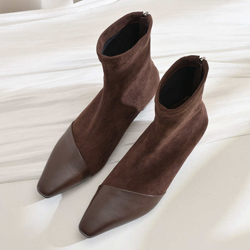 步享羊皮拼接绒面弹力靴短靴女法式方头小粗跟中跟真皮百搭瘦瘦靴,淘宝优惠券,粉丝福利购,淘宝优惠卷
