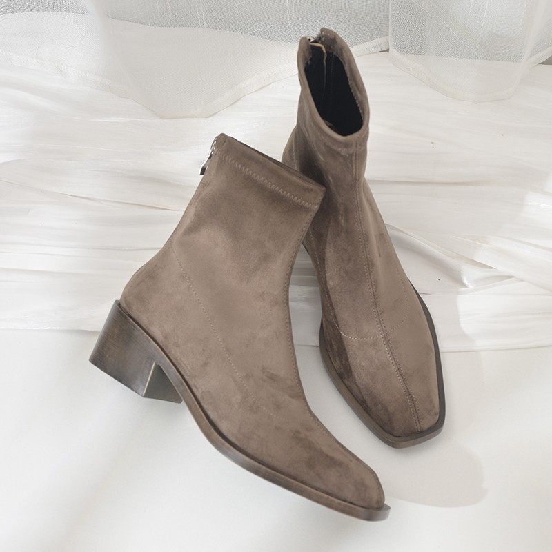 步享~ 方头绒面短靴子女2025春秋新款弹力瘦瘦靴粗跟单靴中跟袜靴,淘宝优惠券,粉丝福利购,淘宝优惠卷