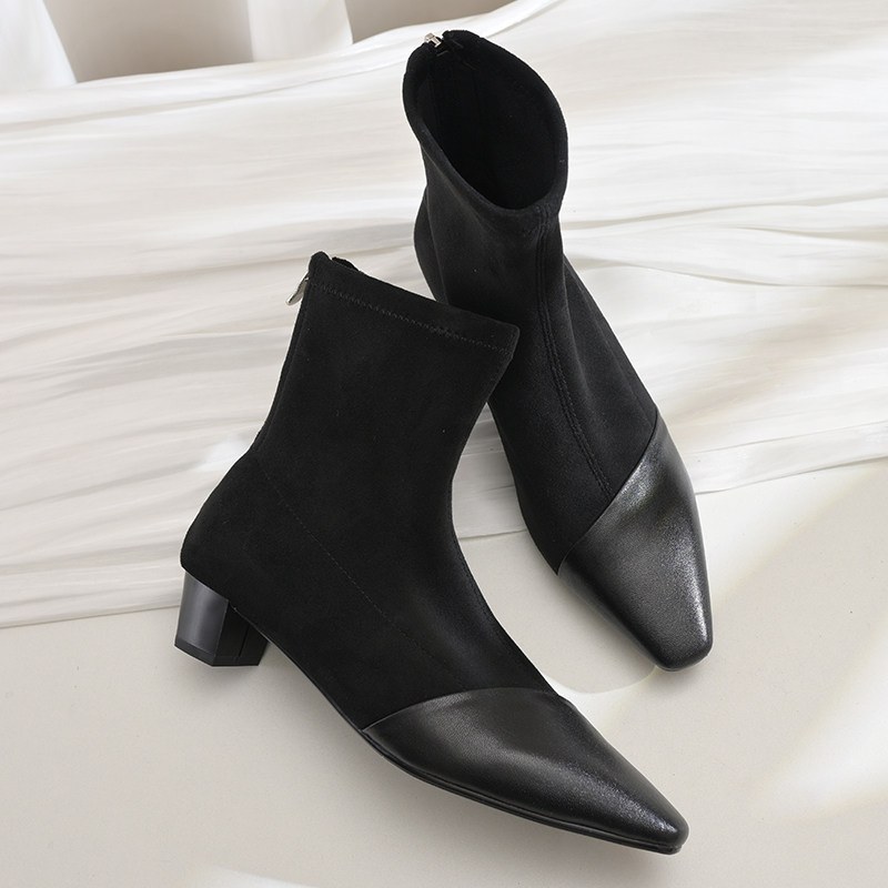 步享羊皮拼接绒面弹力靴短靴女法式方头小粗跟中跟真皮百搭瘦瘦靴,淘宝优惠券,粉丝福利购,淘宝优惠卷