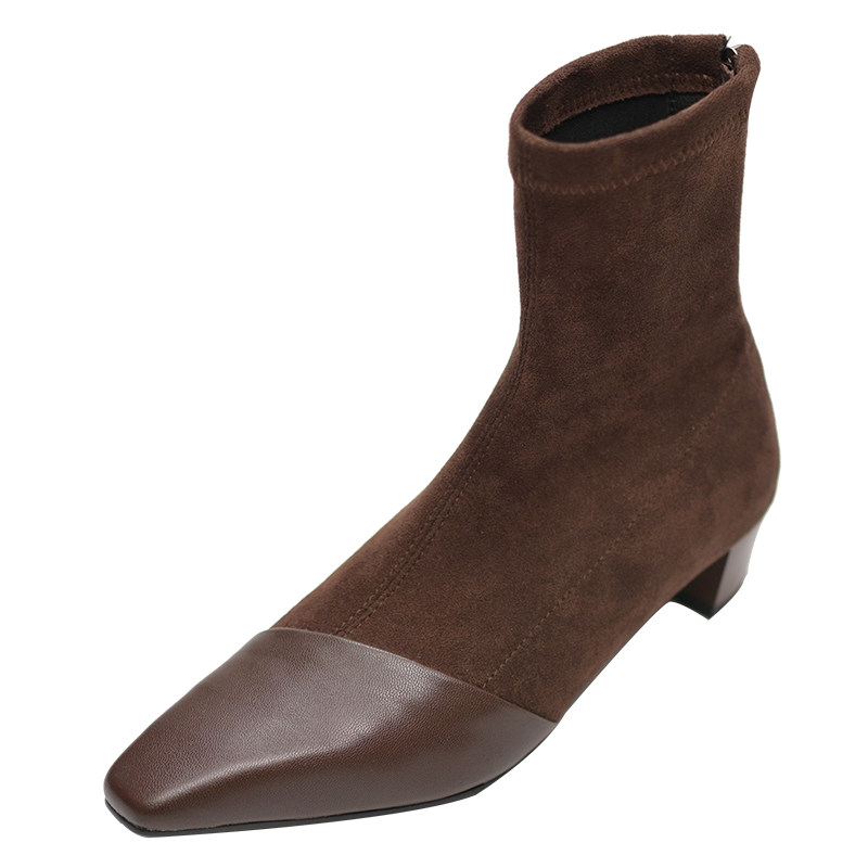 步享羊皮拼接绒面弹力靴短靴女法式方头小粗跟中跟真皮百搭瘦瘦靴,淘宝优惠券,粉丝福利购,淘宝优惠卷