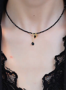 韩版精致时尚黑色串珠流苏锁骨链赫本风优雅洋气小众设计项链颈链