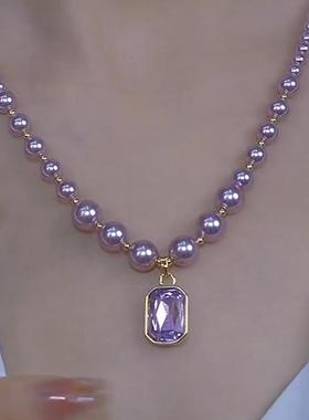 简约百搭款紫色方形方块珍珠项链日常奢华秋冬热销款颈链锁骨链潮