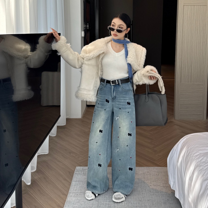 冬季欧货高端直筒阔腿裤2025加绒刺绣高腰显瘦直筒拖地裤 - 图3