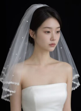新娘结婚白色珠饰蕾丝双层头纱