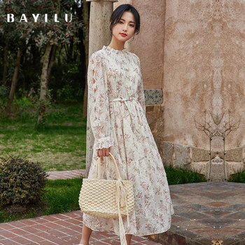 Bayilu 2024 Spring New Dress Floral Round Neck High Waist A-Line Skirt Long Sleeves Long Slim and Temperamental Women