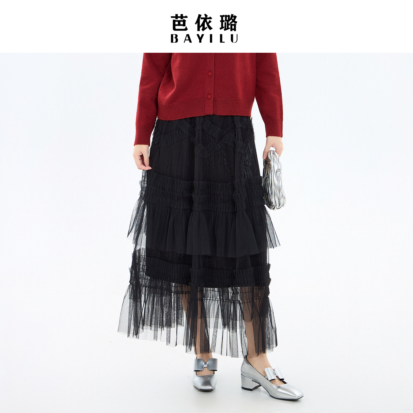 芭依璐2025年秋冬半身裙子小个子a字伞裙休闲洋气减龄网纱裙冬天 - 图2