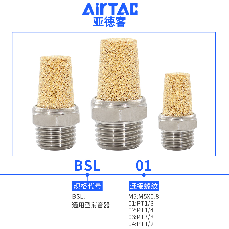 亚德客电磁阀气动消音器BSL02全铜质消声滤芯过滤器气动接头静音 - 图0