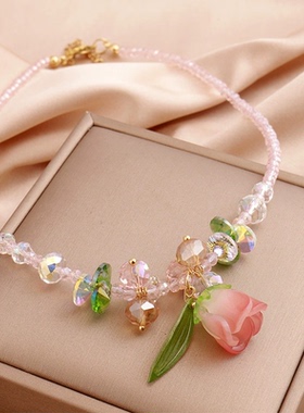 水晶项链女新款铃兰花流苏锁骨链