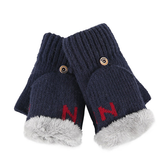 手套男秋冬季针织骑行学生冬天加绒写字保暖防寒半指翻盖棉手套女